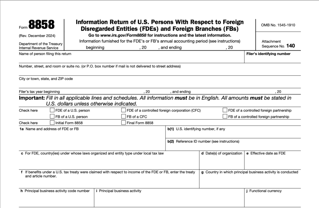 8858 form for reporting foreign disregarded entities and foreign branches with form 8858 instructions.