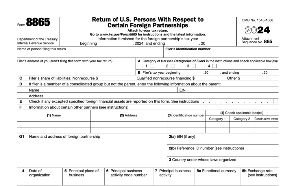 IRS Form 8865 (2024) - U.S. tax return for reporting foreign partnerships. Includes filer details, liabilities, partnership information, and Form 8865 instructions for compliance.